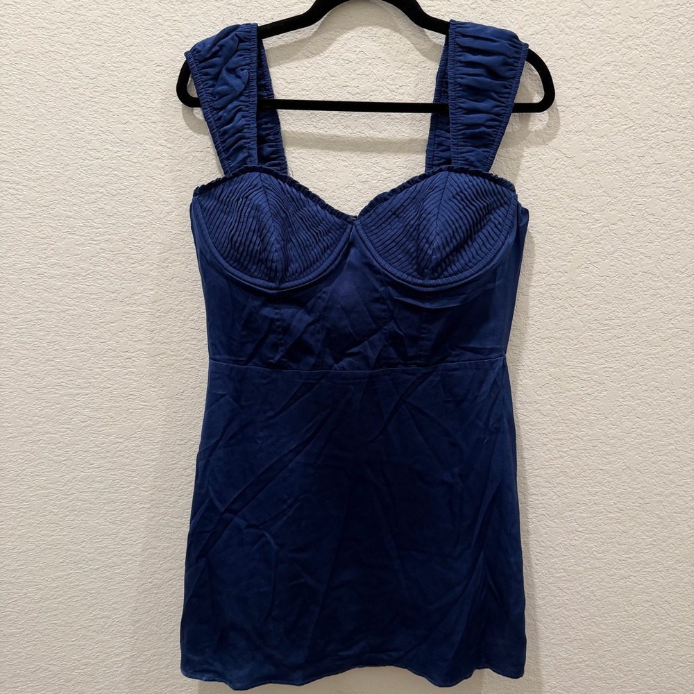 Lulus Navy Blue Ruched Bustier Mini Dress Pleated Underwire Bodycon Large NWT
